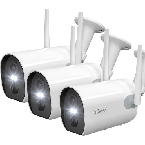 3pcs 2K 3MP Überwachungskamera Aussen Akku, Kabellose WLAN Kamera Outdoor15 m Farb-NachtsichtSirene/WeißlichtalarmPIR Bewegungsmelder.