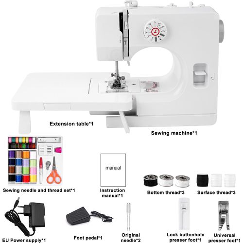 725 Mini-Nähmaschine - 12 Stichmuster, elektrische Nähmaschine mit Erweiterungstisch und Nähset, EU-Stecker