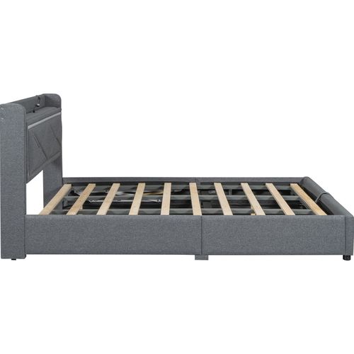Doppelbett 140x200cm Flachbett (ohne Matratze) Stauraumbett Grau Leinen Anhebbarer Bettrahmen Mit USB-Anschluss Mit einstellbar Ambientelicht