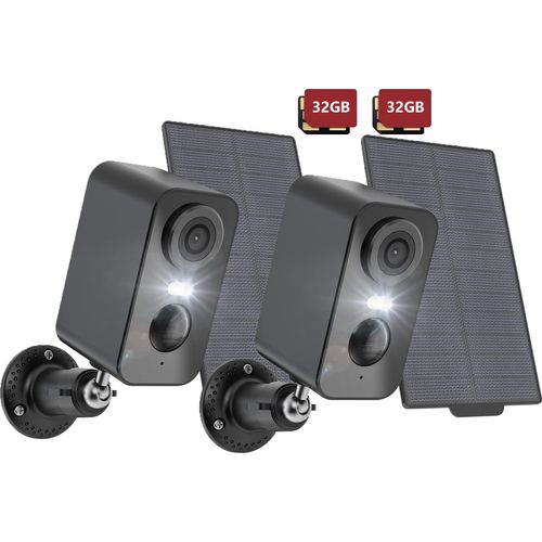 2K Überwachungskamera Aussen Wlan Akku mit Solarpanel, Outdoor Kamera Farbnachtsicht mit PIR, Zwei-Wege-Audio, Fernüberwachung, Alarm, 2PCS, 32GBx2