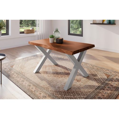 Esstisch 120 x 80 cm Akazie massiv nussbaum Baumkantentisch X-Gestell silber ATLAS