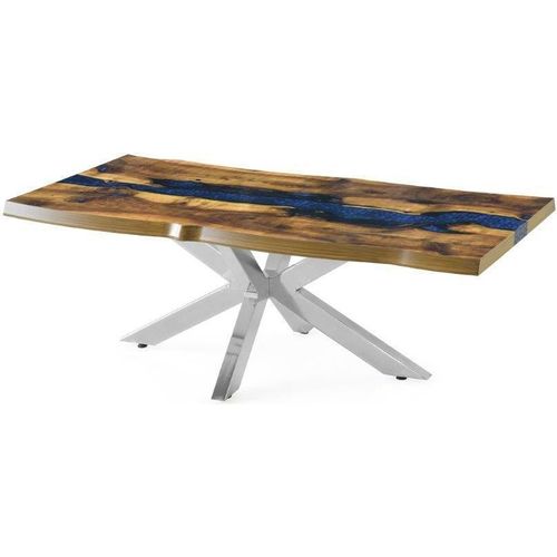 Esstisch Wohnzimmertisch Designer Kunstharz Epoxid Blau 100x200x75 cm mit silberfarbenen Edelstahlbeinen