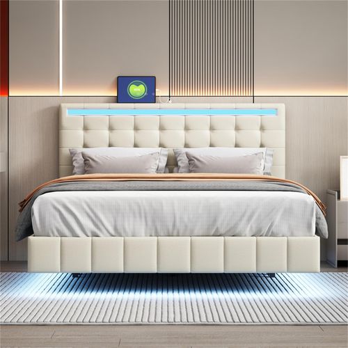 Polsterbett Polsterbett 140 x 200 cm, gepolsterter Schwebebettrahmen mit LED-Leuchten und Kopfteildesign