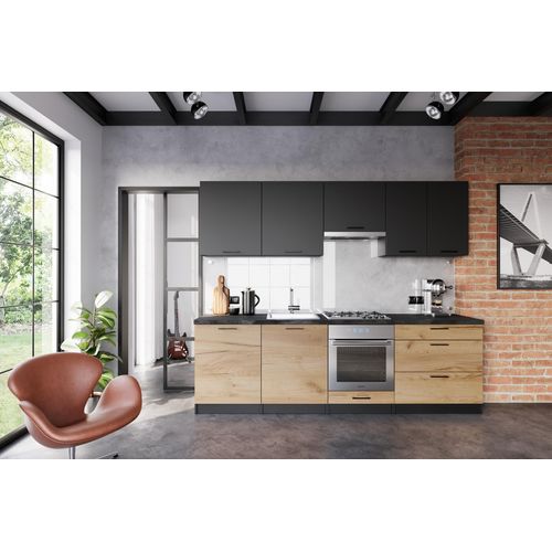 Küchenzeile, LE-VEL3. Breite 260 cm, Soft Close Funktion. Farbe Gold Craft OAK/Schwarz Matt