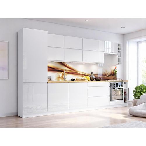 Küche 340 cm Einbauküche ohne Arbeitsplatte ohne E-Geräten Küchenzeile, Aspen K40-M340, Weiß/Hochglanz