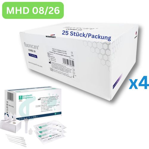 Fluorecare SARS-CoV-2, Influenza A/B, RSV Kombi-Schnelltest | Laien-Selbsttest 100 Stück MHD 07/26 | 4 x 25er Pack | ID: 2099 | GRATIS parahealth Tests (5 Stück, MHD 12/25)