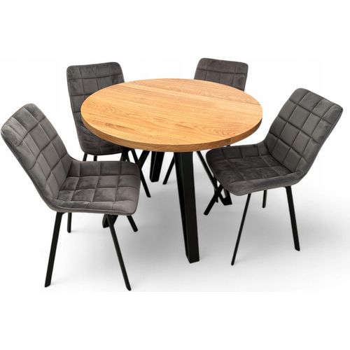 Tischset mit 4 grauen Stühlen Runde Eiche Tischplatte Ungeklappt Ø110 cm