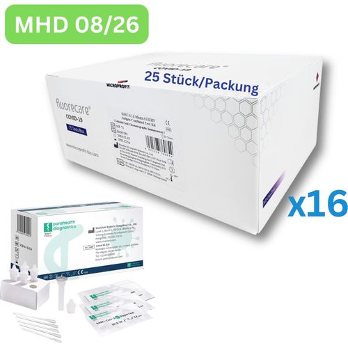 Fluorecare SARS-CoV-2, Influenza A/B, RSV Kombi-Schnelltest | Laien-Selbsttest 400 Stück MHD 07/26 | 16 x 25er Pack | ID: 2099 | GRATIS parahealth Tests (5 Stück, MHD 12/25)