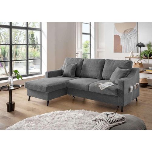 Sofa Valentina von Benformato: Breitcord-Sofa mit Schlaffunktion, Bettkasten und Flexibler Recamiere – Grau - Ausrichtung: vorstehend links