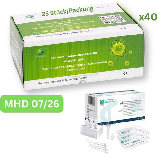 Green Spring Antigen Schnell-Selbsttest (Laientest) 1000 Stück MHD 07/26| 40x 25er Pack | ID: 2099 | GRATIS parahealth Tests (5 Stück, MHD 12/25)