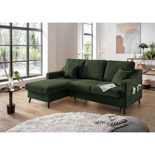Sofa Valentina von Benformato: Breitcord-Sofa mit Schlaffunktion, Bettkasten und Flexibler Recamiere – Moosgrün - Ausrichtung: vorstehend links