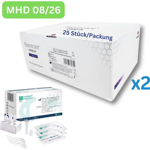Fluorecare SARS-CoV-2, Influenza A/B, RSV Kombi-Schnelltest | Laien-Selbsttest 50 Stück MHD 07/26 | 2 x 25er Pack | ID: 2099 | GRATIS parahealth Tests (5 Stück, MHD 12/25)