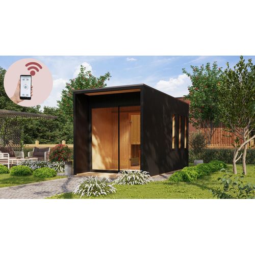 Karibu Saunahaus Außensauna Gartensauna Außensauna MIRAMAR schwarz 220 x 429 cm inkl. 9kw Ofen und HUUM WIFI Steuergerät Sparset 38mm Wandstärke