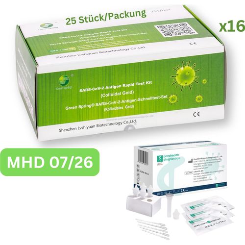 Green Spring Antigen Schnell-Selbsttest (Laientest) 400 Stück MHD 07/26| 16x 25er Pack | ID: 2099 | GRATIS parahealth Tests (5 Stück, MHD 12/25)