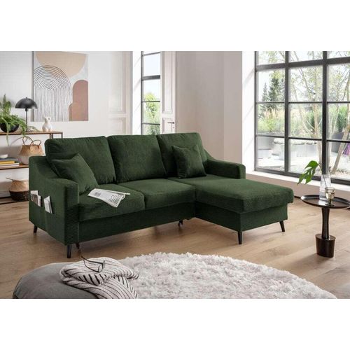 Sofa Valentina von Benformato: Breitcord-Sofa mit Schlaffunktion, Bettkasten und Flexibler Recamiere – Moosgrün - Ausrichtung: vorstehend rechts