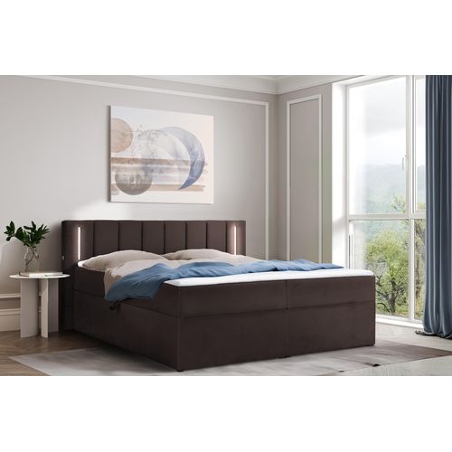 Polsterbett 140 x 200 cm mit Bettkasten und Matratze, Bonellmatratze H3, 2 USB-Ports, LED Beleuchtung, Braun Velours Velvet Iseria