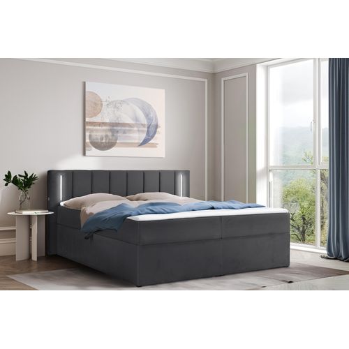Polsterbett 140 x 200 cm mit Bettkasten und Matratze, Bonellmatratze H3, 2 USB-Ports, LED Beleuchtung, Graphit Velours Velvet Iseria