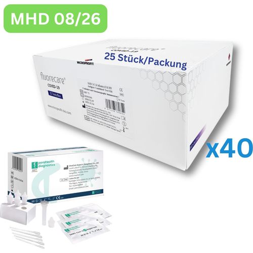 Fluorecare SARS-CoV-2, Influenza A/B, RSV Kombi-Schnelltest | Laien-Selbsttest 1000 Stück MHD 07/26 | 40 x 25er Pack | ID: 2099 | GRATIS parahealth Tests (5 Stück, MHD 12/25)