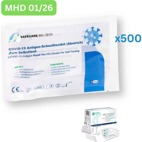 Safecare Bio-Tech Covid-19 Laientest Nasal Selbsttest 500 Stück MHD 01/26 | ID: 2099 | GRATIS parahealth Tests (5 Stück, MHD 12/25)