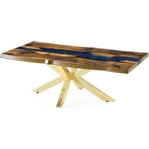 Esstisch Wohnzimmertisch Designer Kunstharz Epoxid Blau 100x200x75 cm mit Goldfarbenen Edelstahlbeinen