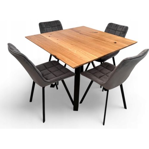 Set aus Tisch und 4 Stühlen Grauer Samt + Tischplatte Eiche quadratisch 110x110