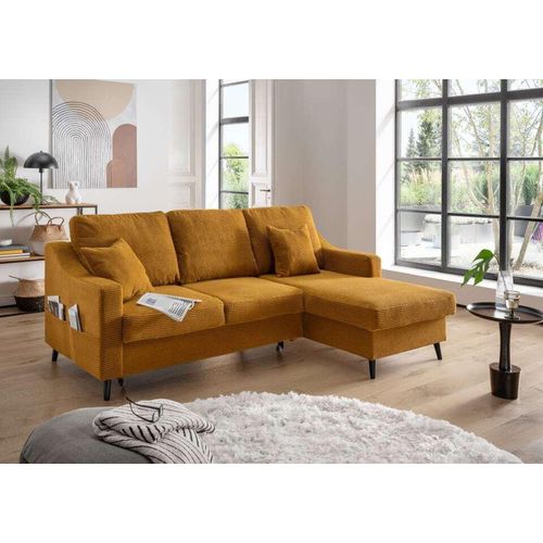 Sofa Valentina von Benformato: Breitcord-Sofa mit Schlaffunktion, Bettkasten und Flexibler Recamiere – Gold Ausrichtung: vorstehend rechts