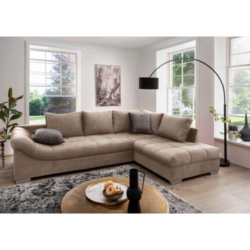 Ecksofa Alvito mit Schlaffunktion - Eleganter Mikrofaser-Stoff - Ausrichtung: Vorstehend rechts Farbe: Hellbraun