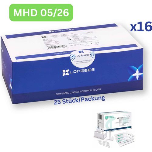 Longsee SARS-CoV-2 3-in-1 Antigen Schnell-Selbsttest (Laientest) 400 Stück MHD 05/26| 16x 25er Pack | ID: 2099 | GRATIS parahealth Tests (5 Stück, MHD 12/25)