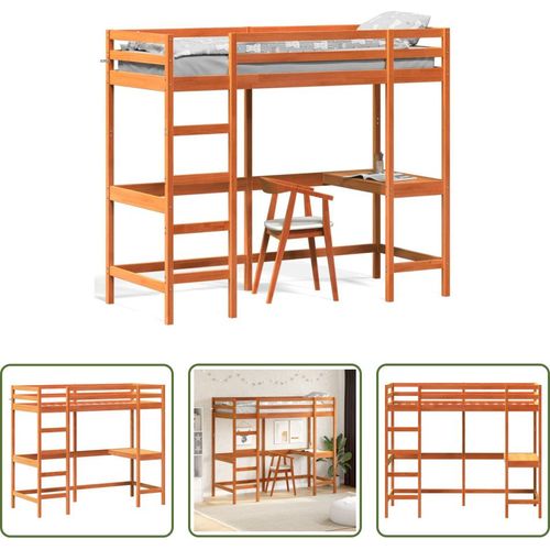 The Living Store Hochbett mit Schreibtisch Wachsbraun 75x190cm Massivholz Kiefer