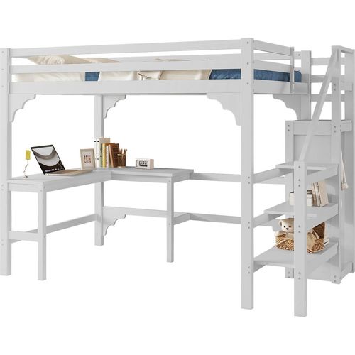 Hochbett,140*200cm,stilvoller L-förmiger Schreibtisch,Kiefernholz, Offener Kleiderschrank, minimalistischer Stil