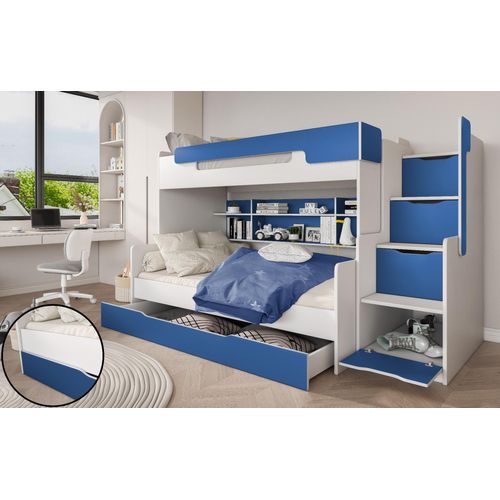 Hochbett, Kinderbett , Etagenbett HA-G, Farbe Weiß/Blau. Treppe beide seitig montierbar