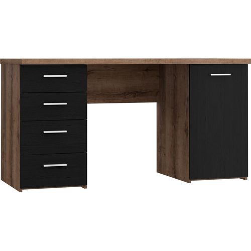 Schreibtisch >NET106< mit 4 Schubladen, in Schwarz/Schlammeiche Nachbildung - 145x76,3x60cm (BxHxT)