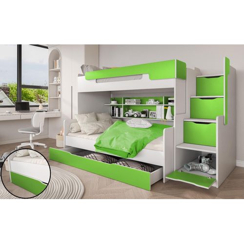 Hochbett, Kinderbett , Etagenbett HA-G, Farbe Weiß/Grün. Treppe beide seitig montierbar