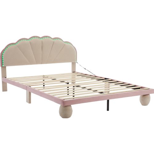 Polsterbett 140x200cm Kinderbett (Ohne Matratze) Beige und Blau Samt Doppelbett Holzbett Mit Lichtstreifen Wellenschliff Mit gepolsterter runden Beine