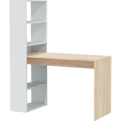 Multifunktionaler Regal-Schreibtisch ></noscript>Duplo< in Kanada-Eiche/Artik-Weiß – 120x144x53 cm (BxHxT), Flexible Stauraumlösung, 5 Fächer, Spain, Bodenschonende Möbelgleiter, Einfacher Aufbau