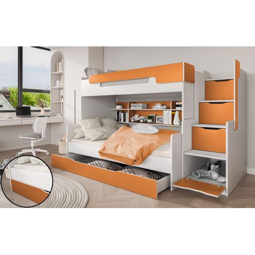 Hochbett, Kinderbett , Etagenbett HA-G, Farbe Weiß/Orange. Treppe beide seitig montierbar