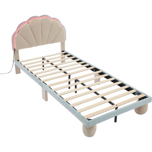 Polsterbett 90x200cm Kinderbett (Ohne Matratze) Beige und Blau Samt Einzelbett Holzbett Mit Lichtstreifen Wellenschliff Mit gepolsterter runden Beine