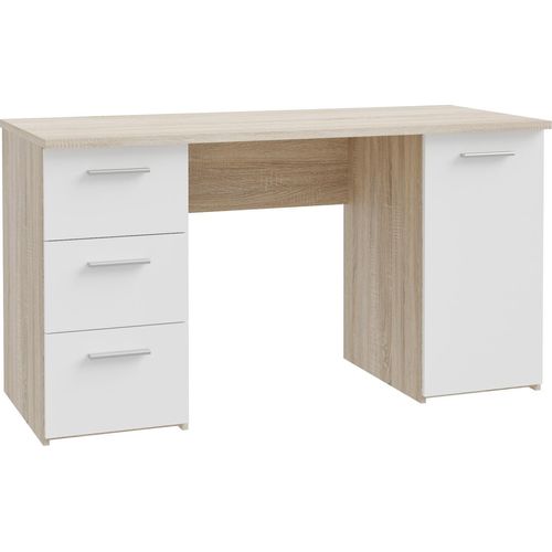 Schreibtisch >NET307< mit 3 Schubladen und Tür, in Weiss/ Sonoma Eiche Nachbildung - 138,2x75,3x60cm (BxHxT)