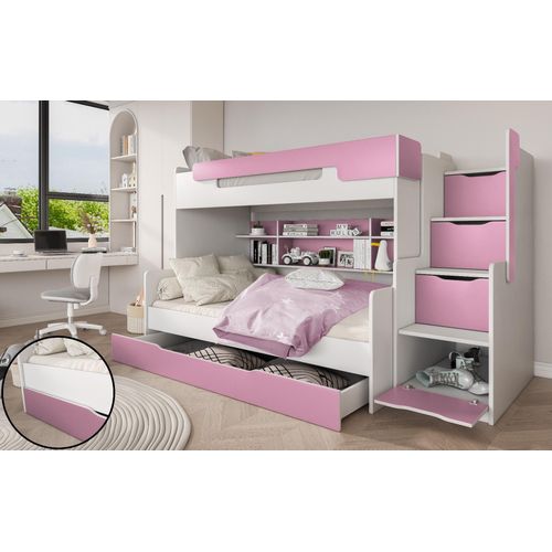 Hochbett, Kinderbett , Etagenbett HA-G, Farbe Weiß/Rosa. Treppe beide seitig montierbar