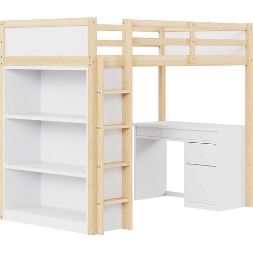 Hochbett,Kinderbett,Einzelbett(Natur)mit Aufbewahrungsschränken und Computertisch,multifunktionales Hochbett aus Holz