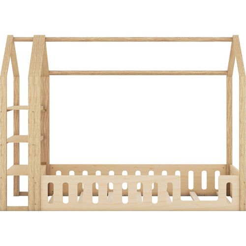 Kinderbett 90x200cm Flachbett (ohne Matratze) Hausbett Massivholzbett Bodenbett Mit Sicherheitsgeländer und 3 Regalen Holzfarbe Kiefer