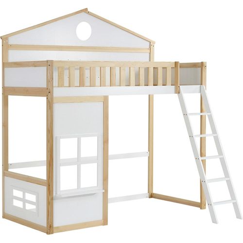 Etagenbett,Hausbett,Kinderbett mit Treppe,Fallschutz und Gitter,mit Dach und Fenster, Frei gestaltetes Unterbett, Rahmen aus Kiefer