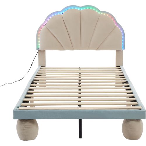 Polsterbett 90x200cm Kinderbett (Ohne Matratze) Samt Beige und Blau Einzelbett Holzbett Mit Lichtstreifen Wellenschliff Mit gepolsterter runden Beine