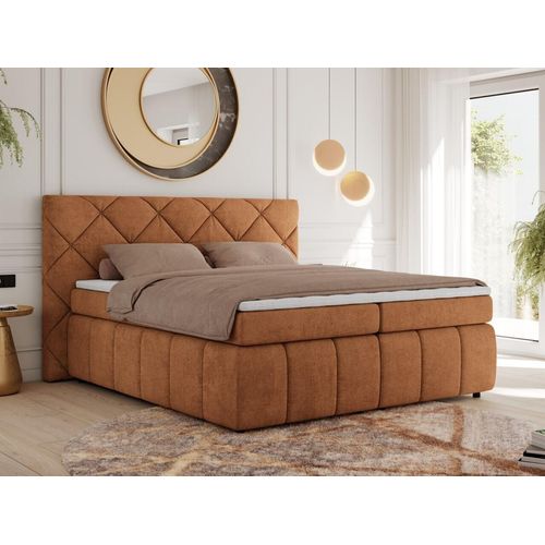 MKS MEBLE Boxspringbett 140x200 Orange Struktur mit Bettkasten und Matratze H4, Polsterbett 140x200 mit Bettkasten, Bett 140x200, Boxspringbett 140x200 - Rita