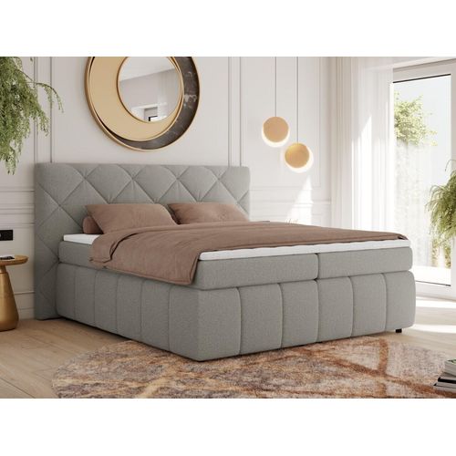 MKS MEBLE Boxspringbett 140x200 Hellgrau Boucle mit Bettkasten und Matratze H4, Polsterbett 140x200 mit Bettkasten, Bett 140x200, Boxspringbett 140x200 - Rita