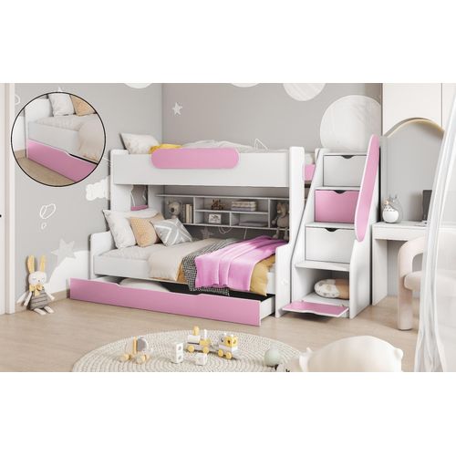 Hochbett, Kinderbett , Etagenbett SE-R, Farbe Weiß/Rosa. Treppe beide seitig montierbar