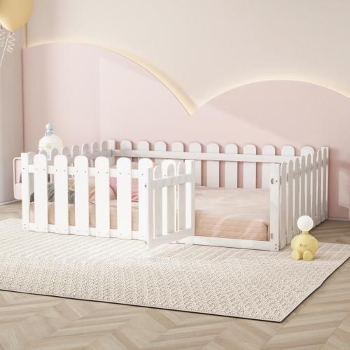 okwish Kinderbett Bodenbett 140 x 200cm Bettrahmen aus reinem Holz mit Zaun und Türschutz, um Ihr Kind sicherer zu machen, Weiß