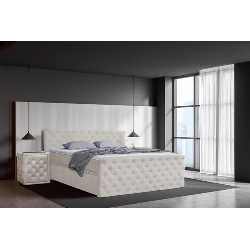 Boxspringbett 160 x 200 cm mit Bettkasten, Matratzen und Topper, Bonell-Matratzen H4, Hellbeige Aosta