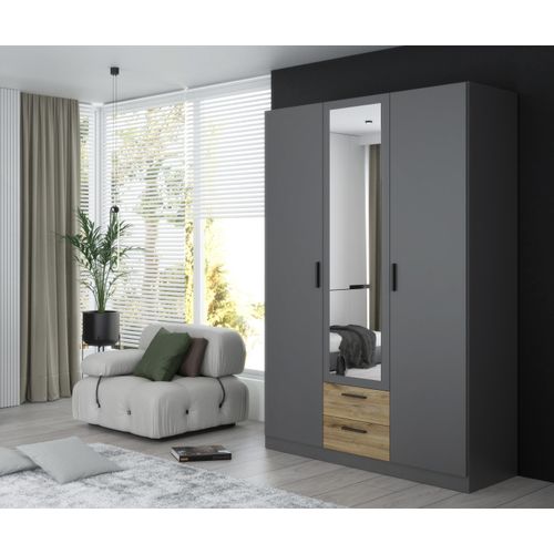 Kleiderschrank >TROYANDA< in Grau / Eiche Nachbildung - 135,6x210,5x54,5cm (BxHxT)