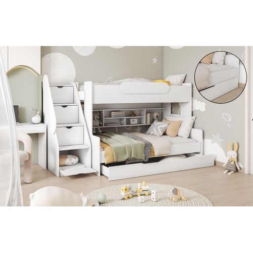 Hochbett, Kinderbett , Etagenbett SE-W, Farbe Weiß/Weiß. Treppe beide seitig montierbar